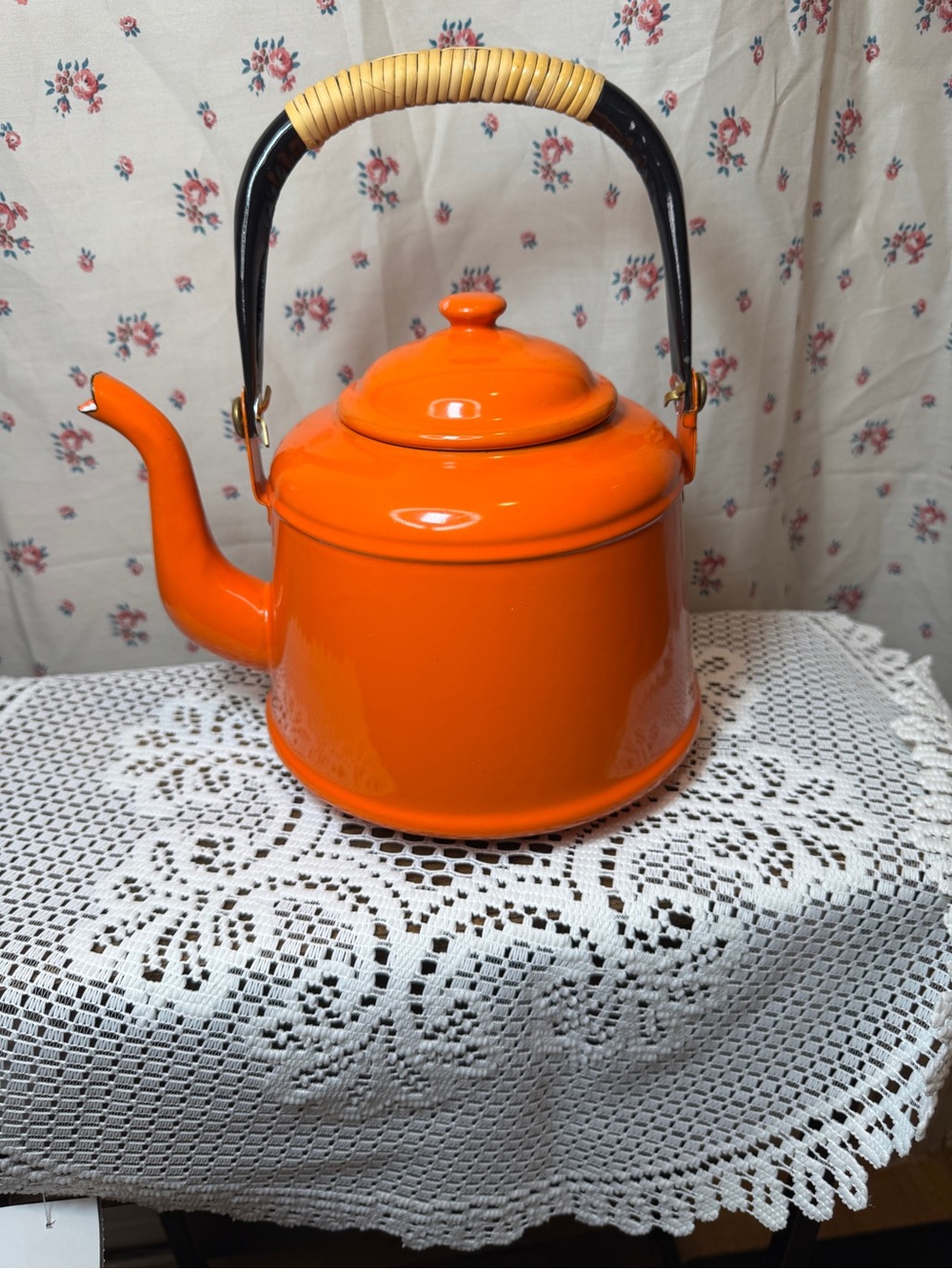 Vintage OTO Japan Orange Enamel Teapot - Rattan Wrapped Handle